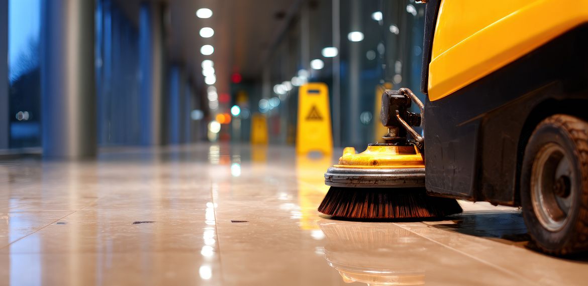 Yellow commercial floor scrubbing machine cleaning a reflective tile hallway beside a wet floor caution sign