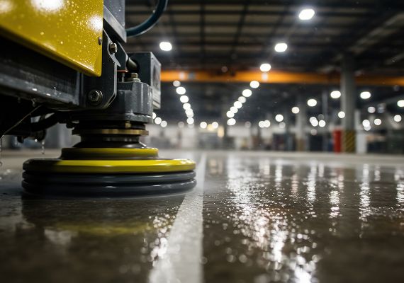 Close-up of a yellow industrial scrubber brush polishing a glossy concrete warehouse floor under overhead lighting