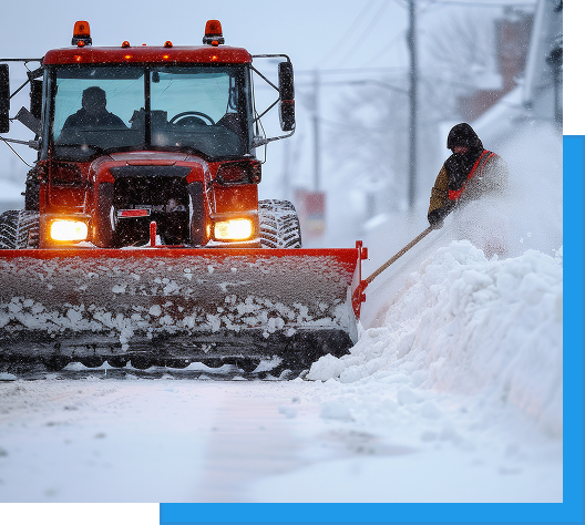 About us 4 red snow plow tractor clearing street blizzard