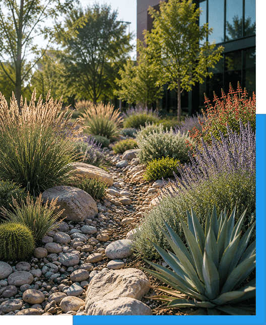 Xeriscape bed with ornamental grasses, agave and a dry creek bed outside an office building