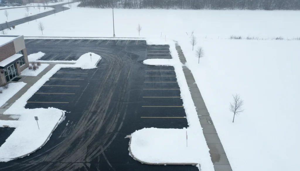 Snow-covered commercial parking lot with cleared entrance and sidewalk pathways