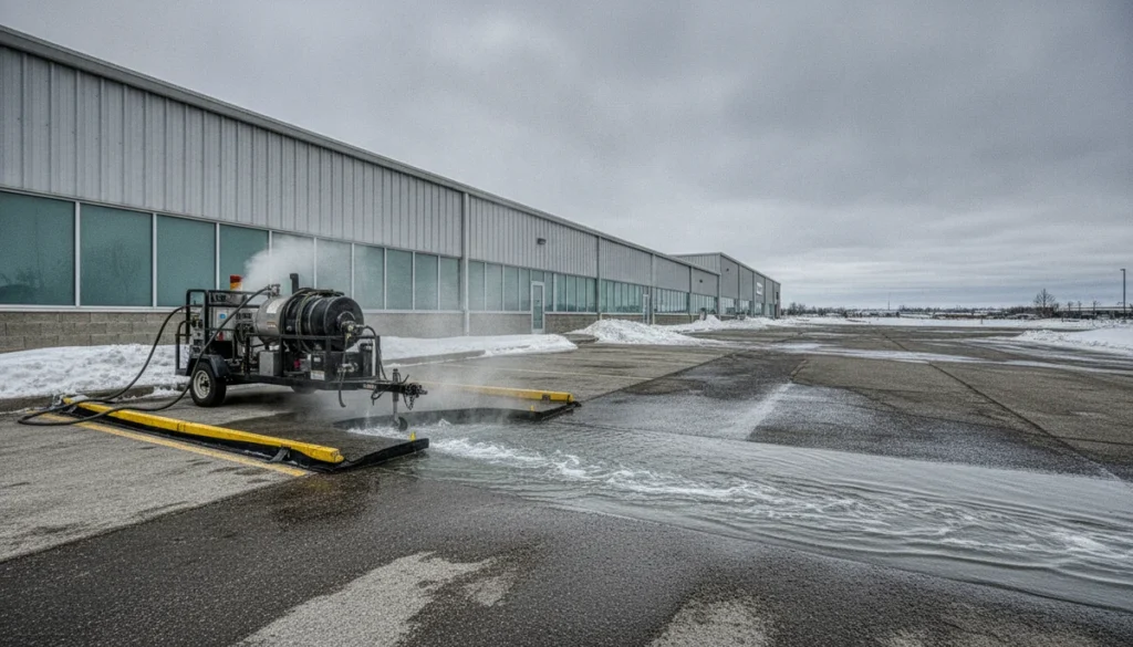 Professional pressure washing commercial parking lot in winter conditions with safe runoff management