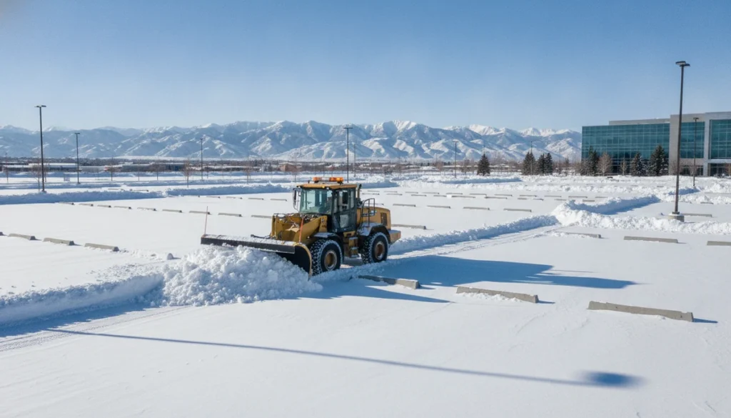 Snow plow clearing large commercial parking lot with mountains in background