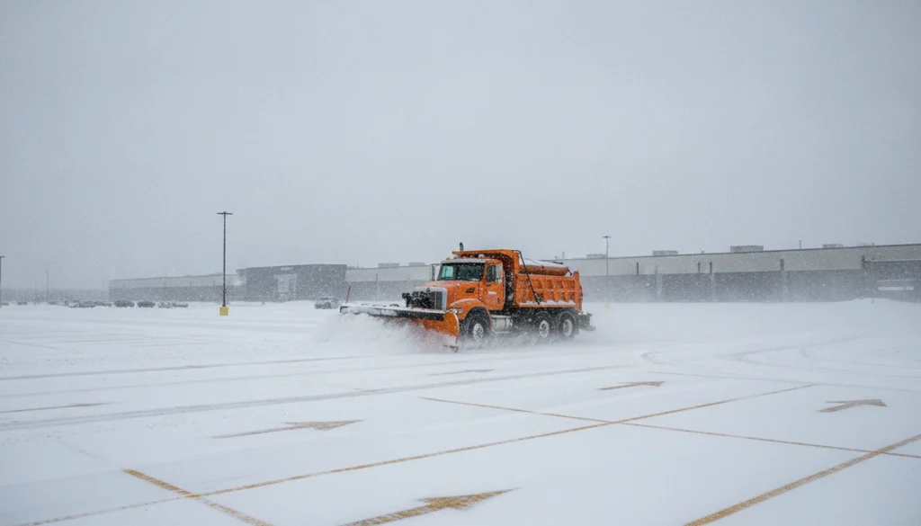 Commercial snow removal truck plowing a large parking lot during winter storm in Denver
